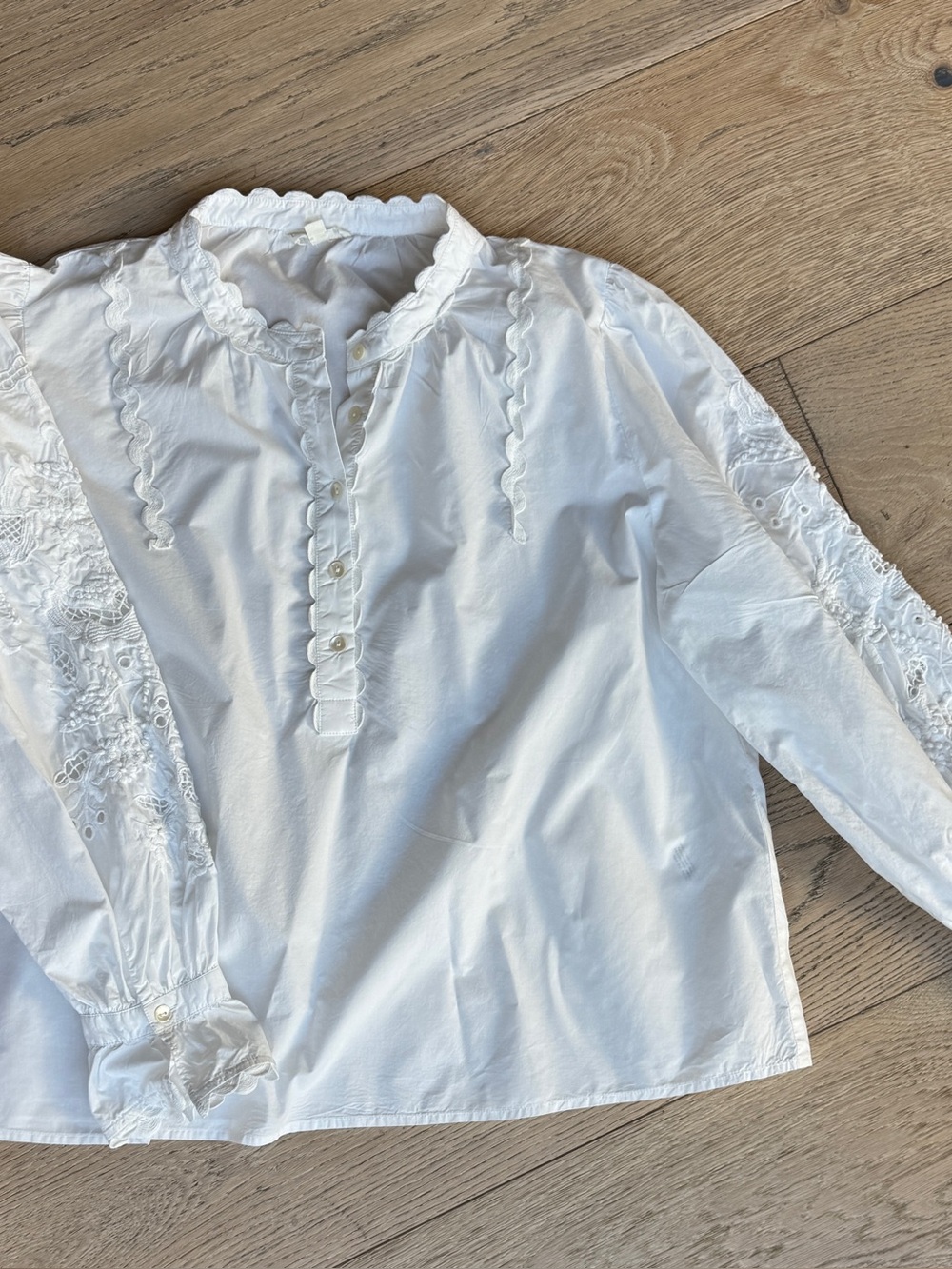 Gorgeous Louise Misha embroidered blouse with mandarin collar and scallop trim